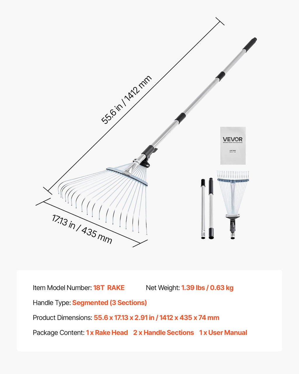 Lapų grėblys VEVOR 18T RAKE, reguliuojamas plotis 19,5–43,5 cm