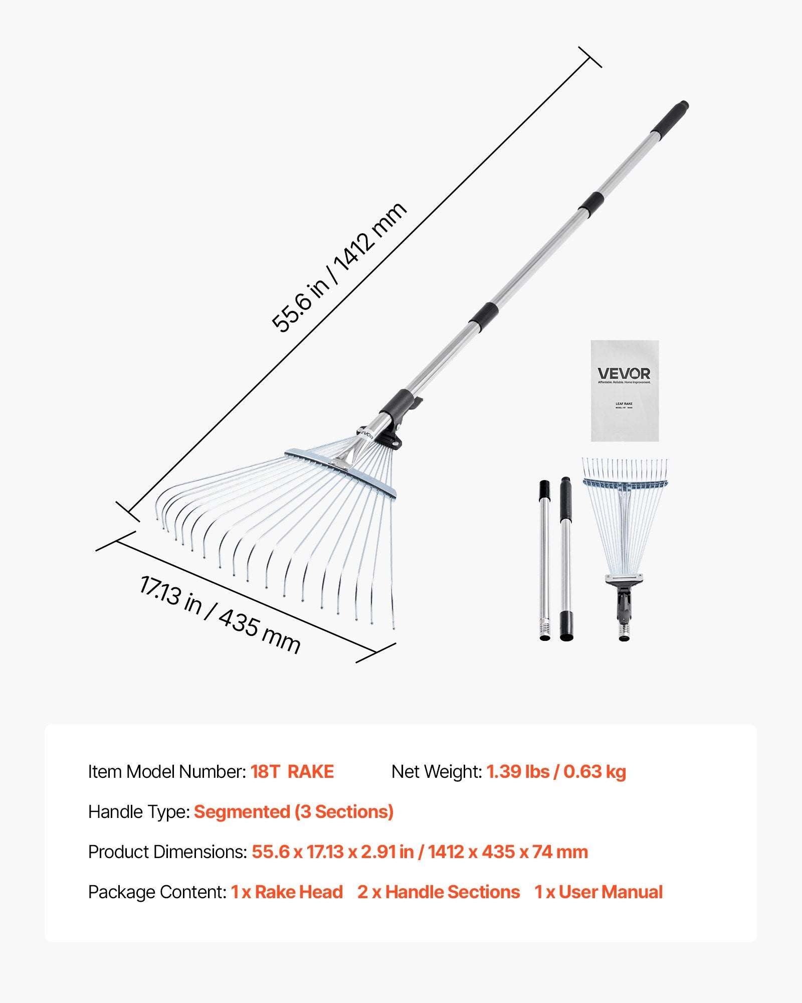 Lapų grėblys VEVOR 18T RAKE, reguliuojamas plotis 19,5–43,5 cm