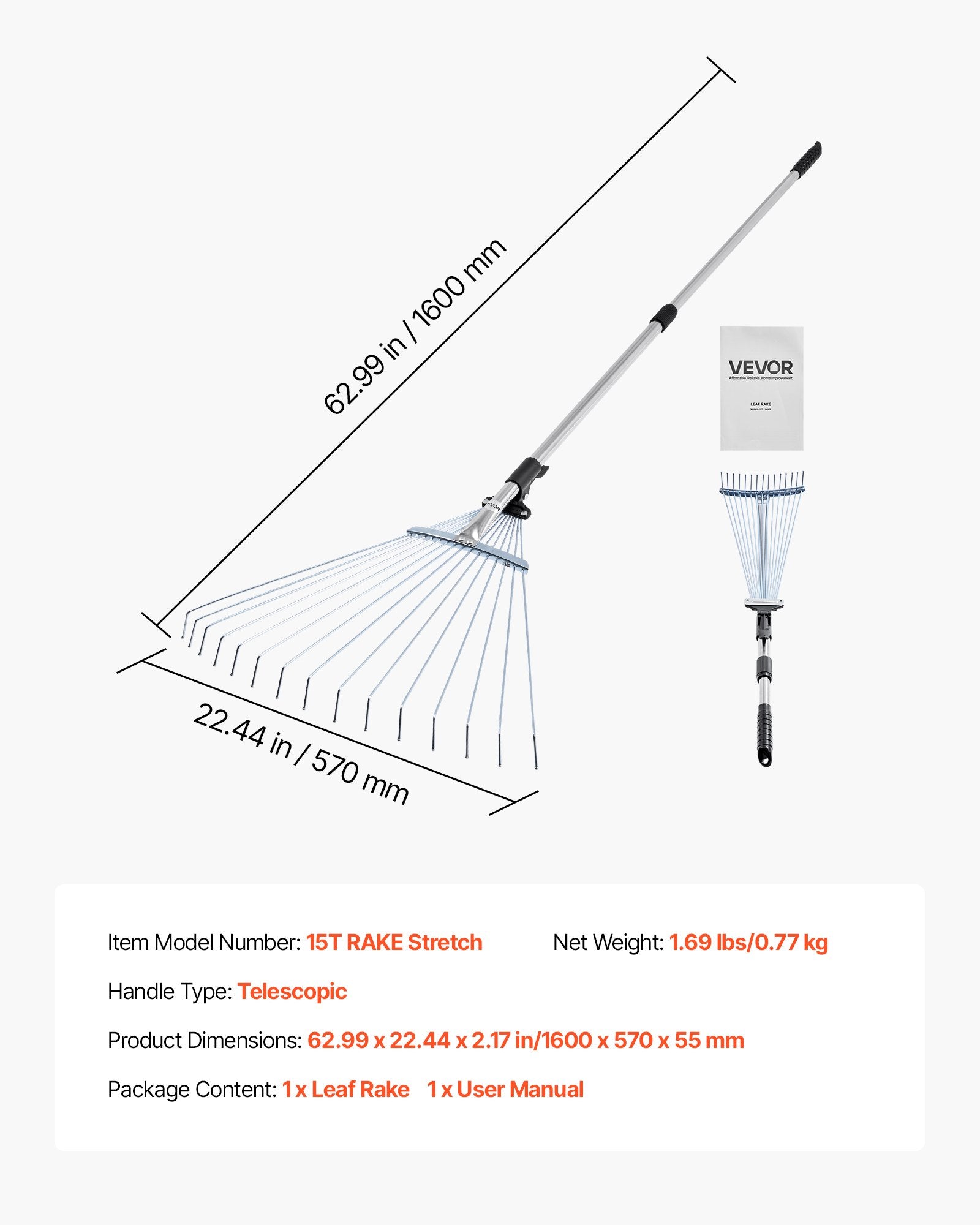 Lapų grėblys VEVOR 15T RAKE stretch, reguliuojamas plotis 19–57 cm