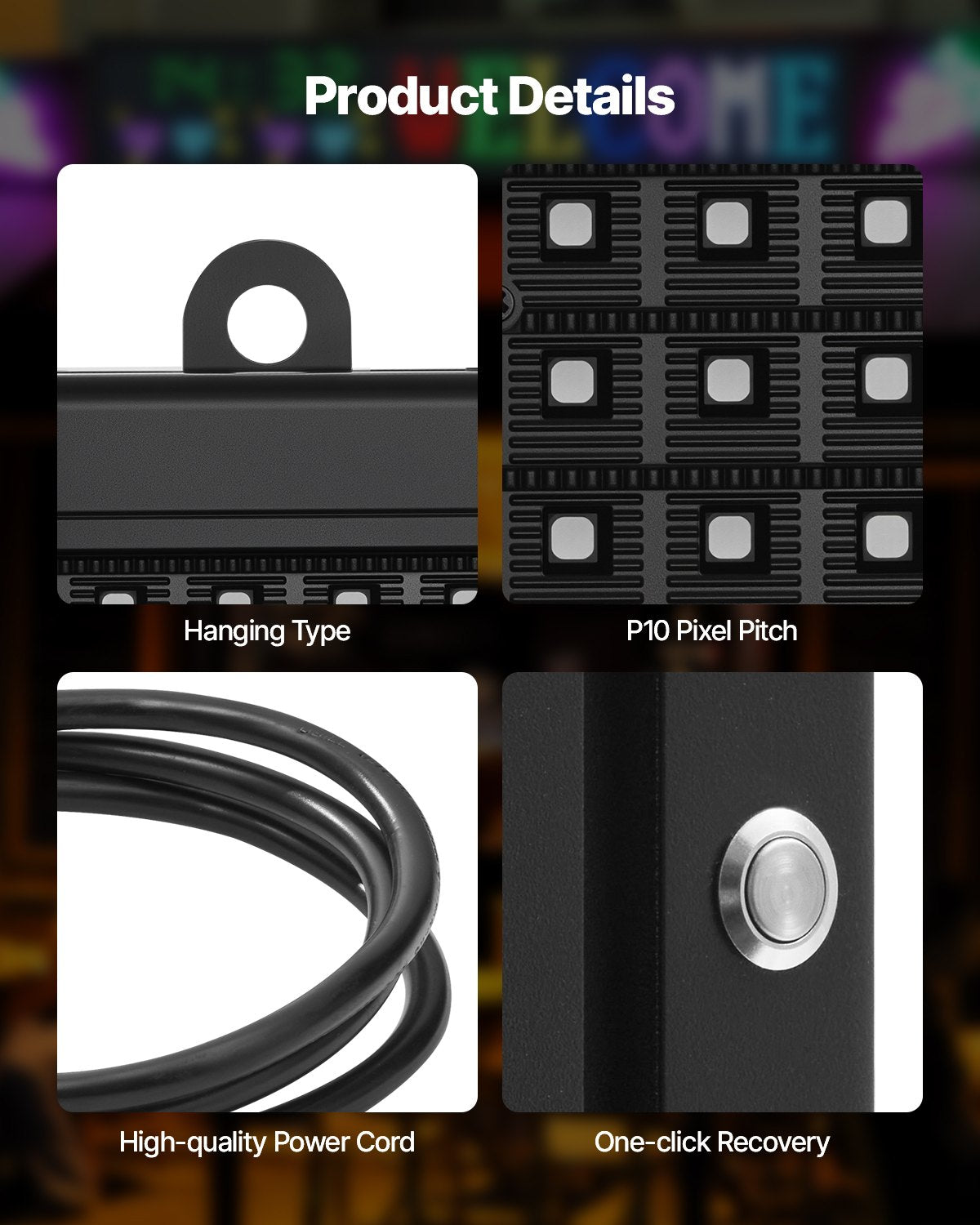 Programuojama LED reklaminė lenta VEVOR P10-16128RGB, 131x19 cm