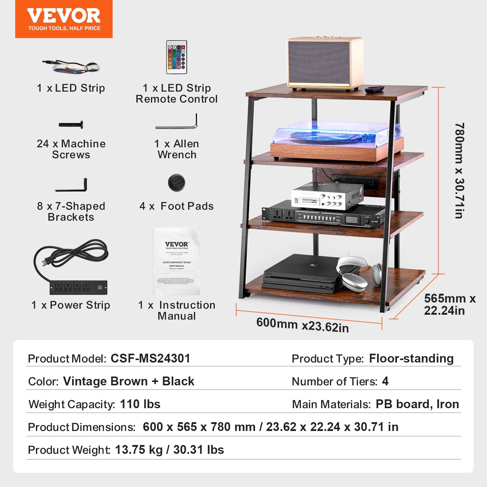 Garso ir vaizdo technikos lentyna VEVOR CSF-MS24301, 4 aukštų su LED apšvietimu