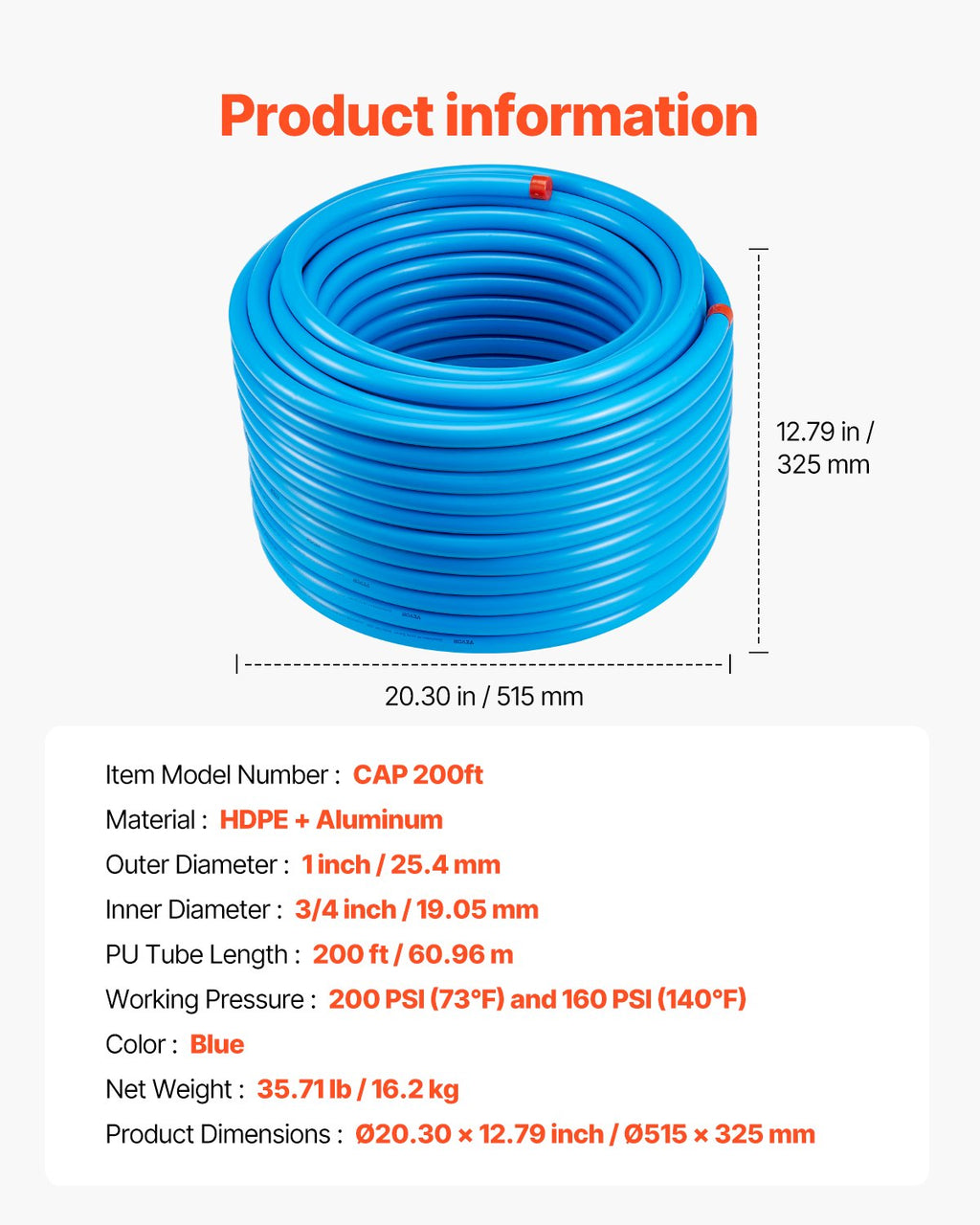 Suspausto oro vamzdyno komplektas VEVOR CAP 200ft, 60,96 m ilgis