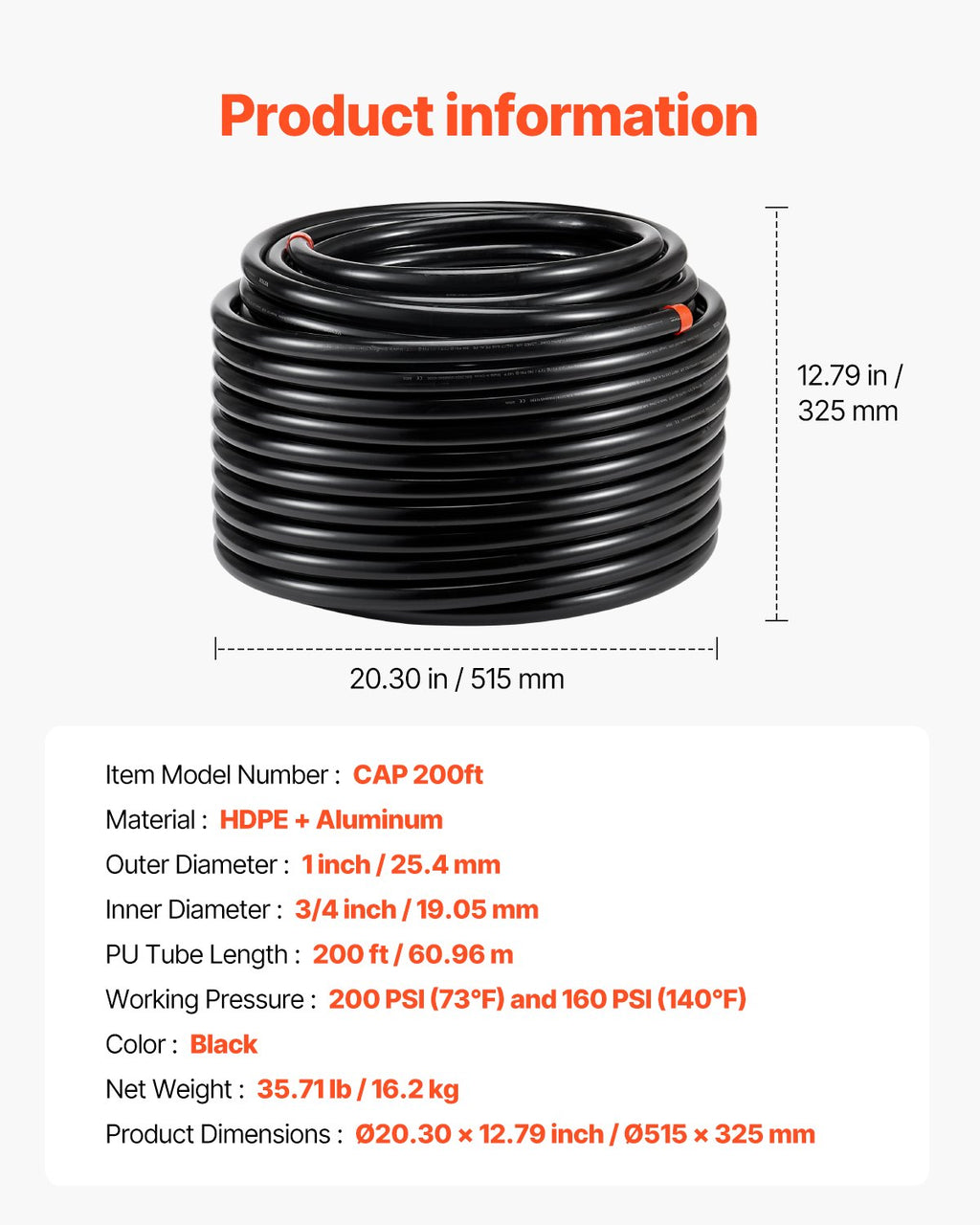 Suspausto oro vamzdyno komplektas VEVOR CAP 200ft, 60,96 m