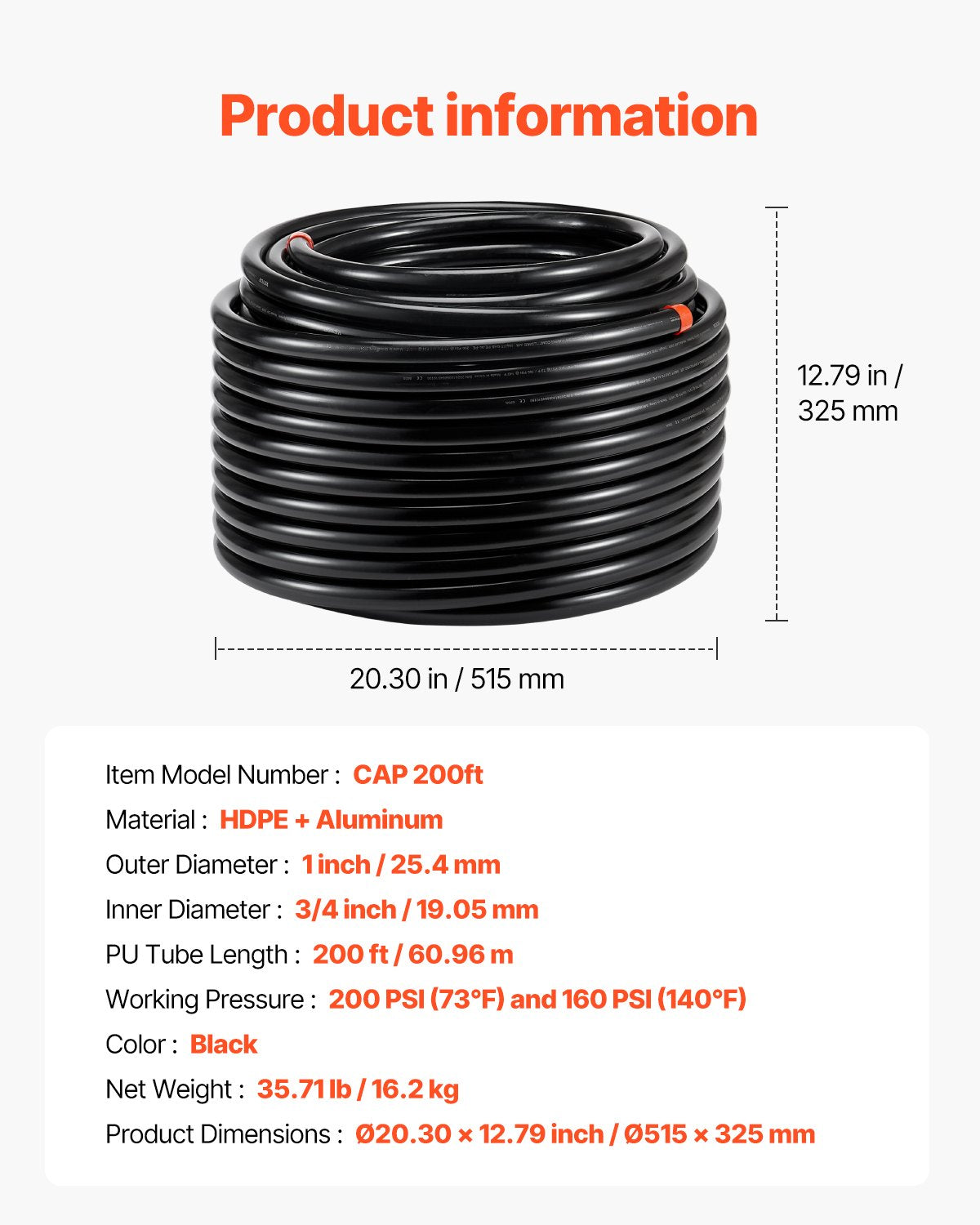 Suspausto oro vamzdyno komplektas VEVOR CAP 200ft, 60,96 m