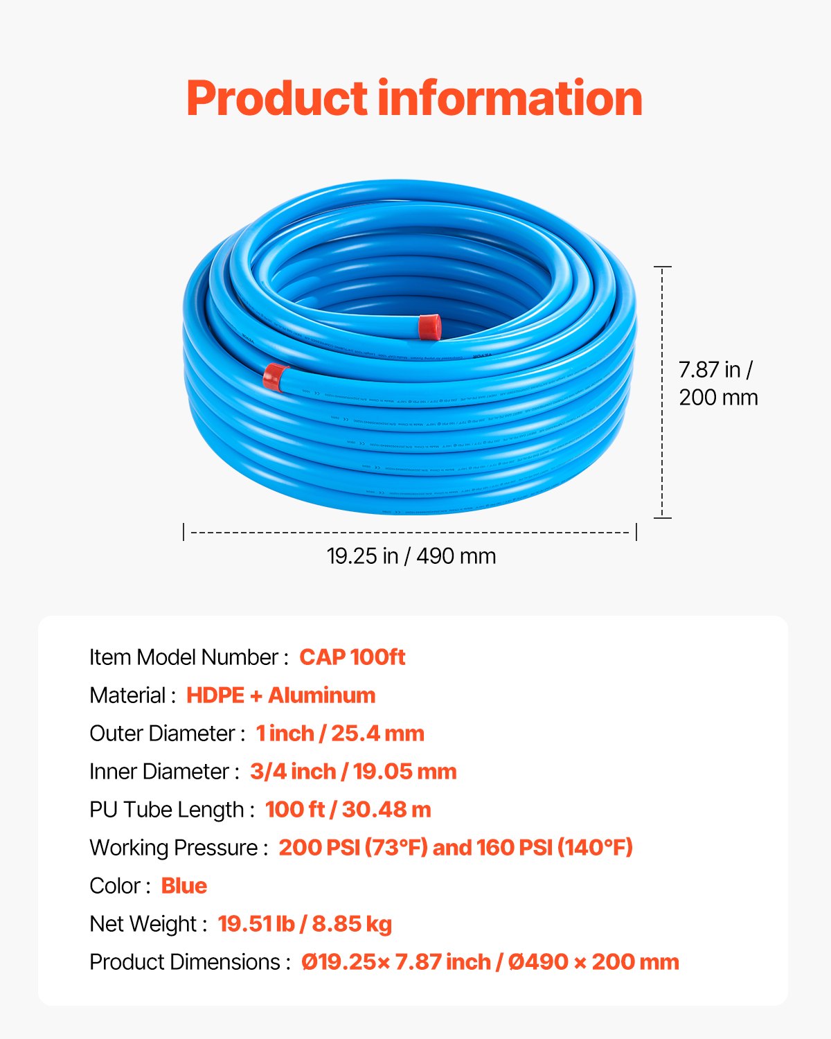 Suspausto oro vamzdyno komplektas VEVOR CAP 100ft, 30,48 m