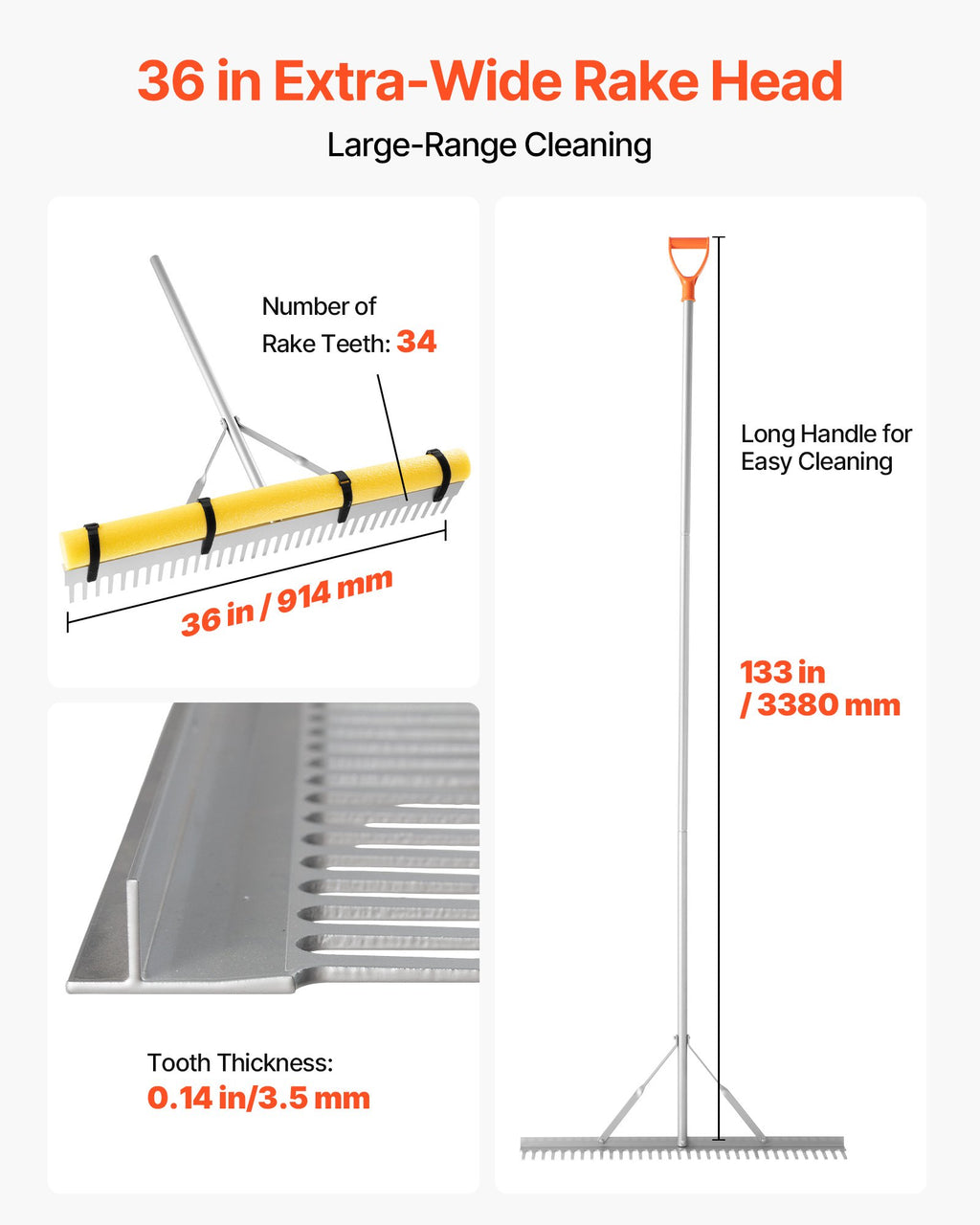 Aplinkos tvarkymo grėblys VEVOR LVPA36-133, 914 mm pločio galva