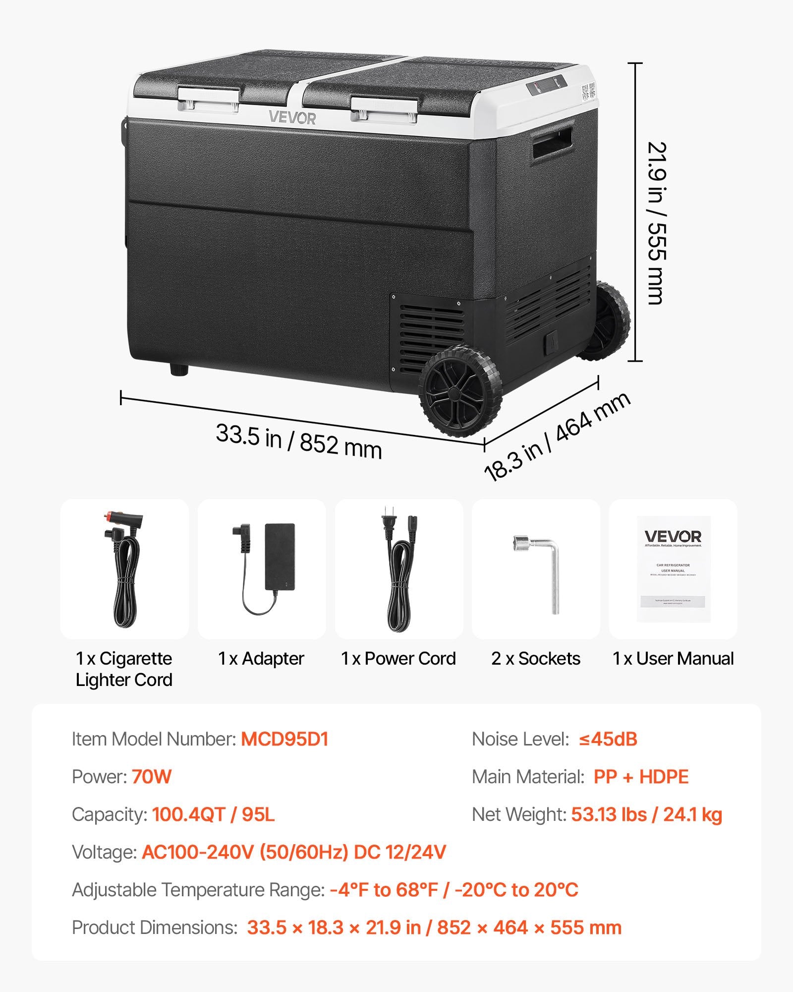 Nešiojamas automobilinis šaldytuvas VEVOR MCD95D1, 95 l