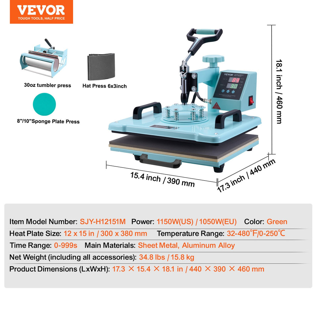 Karšto spaudimo termopresas VEVOR SJY-H12151M, 5-in-1 komplektas