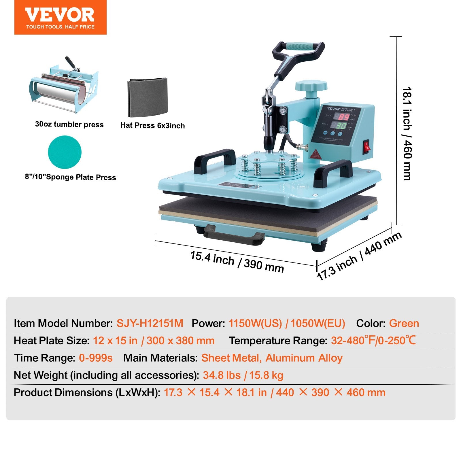 Karšto spaudimo termopresas VEVOR SJY-H12151M, 5-in-1 komplektas