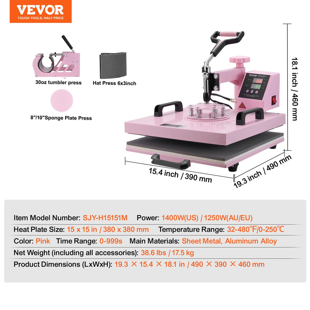 Termopresas VEVOR SJY-H15151M, 5-in-1, 38x38 cm