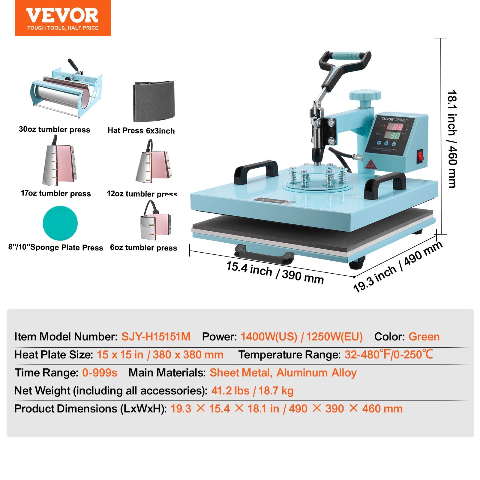 Termopresas VEVOR SJY-H15151M, 8 viename, 38x38 cm