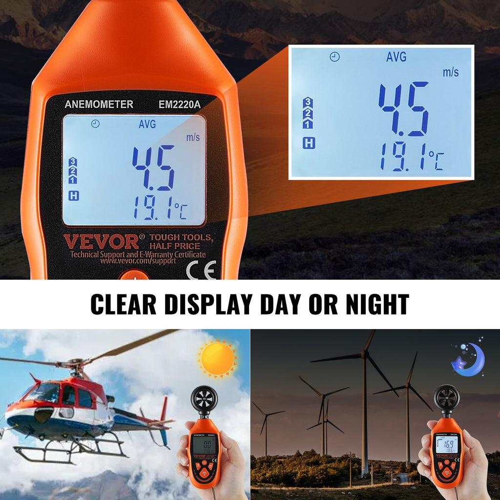 Rankinis anemometras VEVOR EM2220A, matuoja vėjo greitį ir temperatūrą