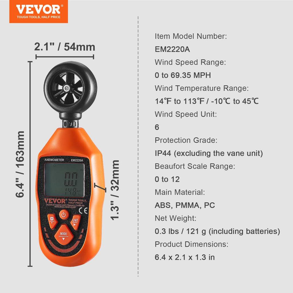 Rankinis anemometras VEVOR EM2220A, matuoja vėjo greitį ir temperatūrą