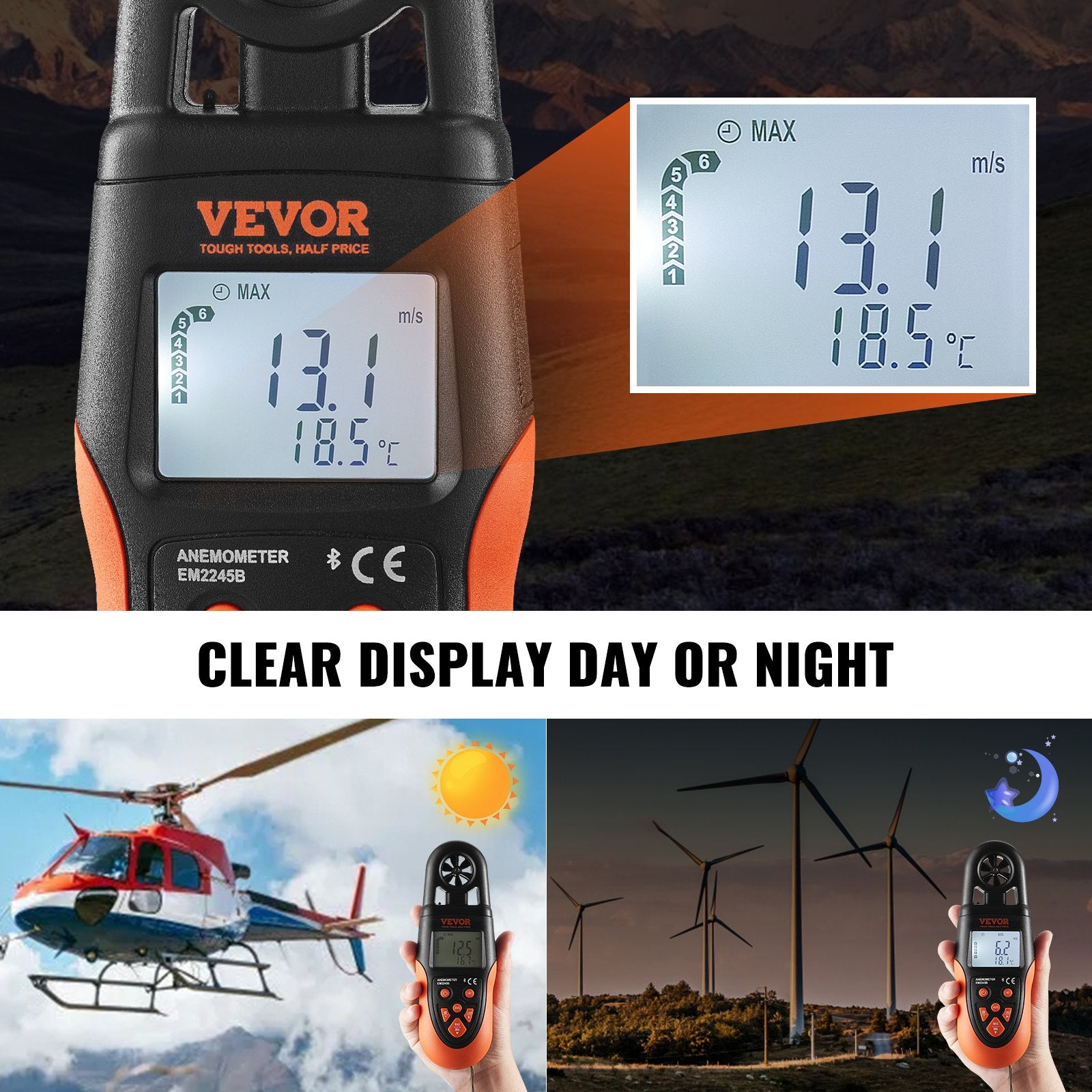 Skaitmeninis anemometras VEVOR EM2245B, su „Bluetooth“ ryšiu