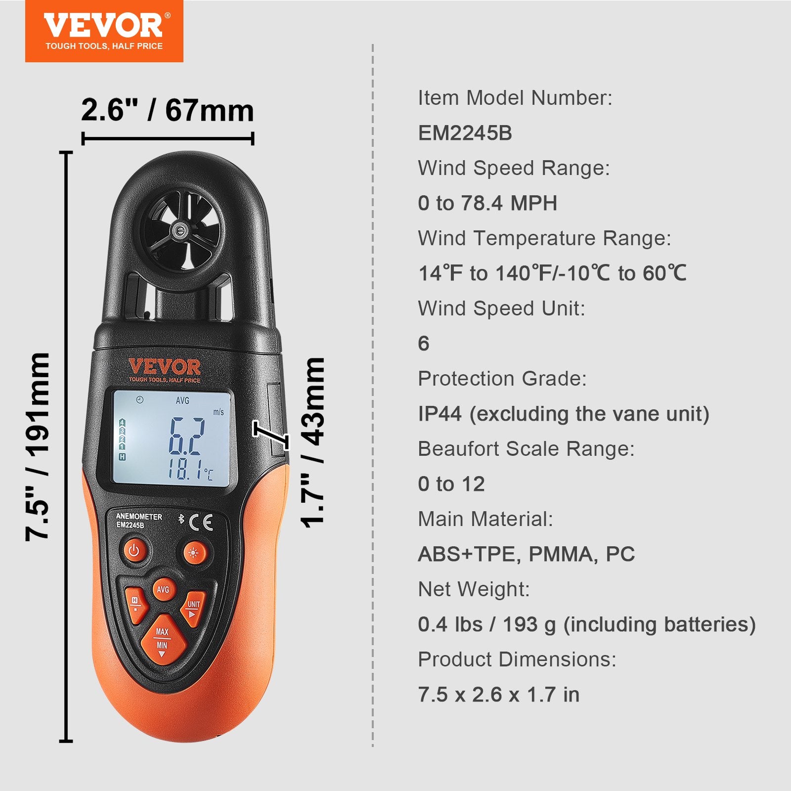 Skaitmeninis anemometras VEVOR EM2245B, su „Bluetooth“ ryšiu