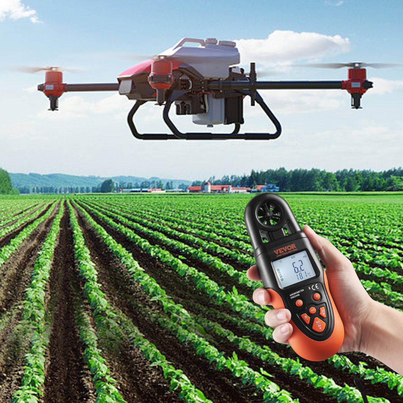Skaitmeninis anemometras VEVOR EM2245B, su „Bluetooth“ ryšiu