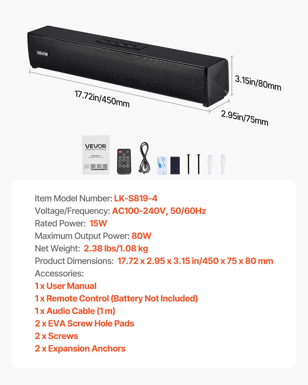 Garso kolonėlė (Soundbar) VEVOR LK-S819-4, 80W