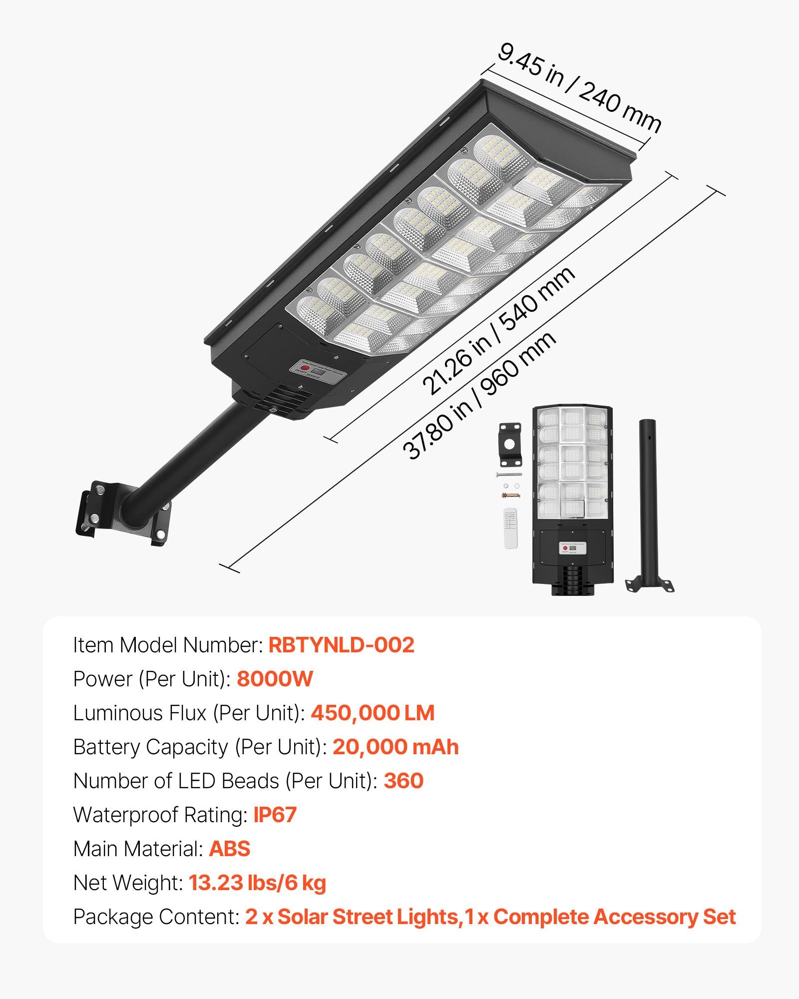 Saulės energija įkraunami gatvės šviestuvai VEVOR RBTYNLD-002, 8000W, 2 vnt.