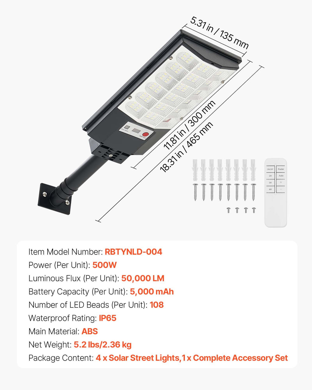 Saulės energijos gatvės šviestuvai VEVOR RBTYNLD-004, 500 W, 4 vnt.