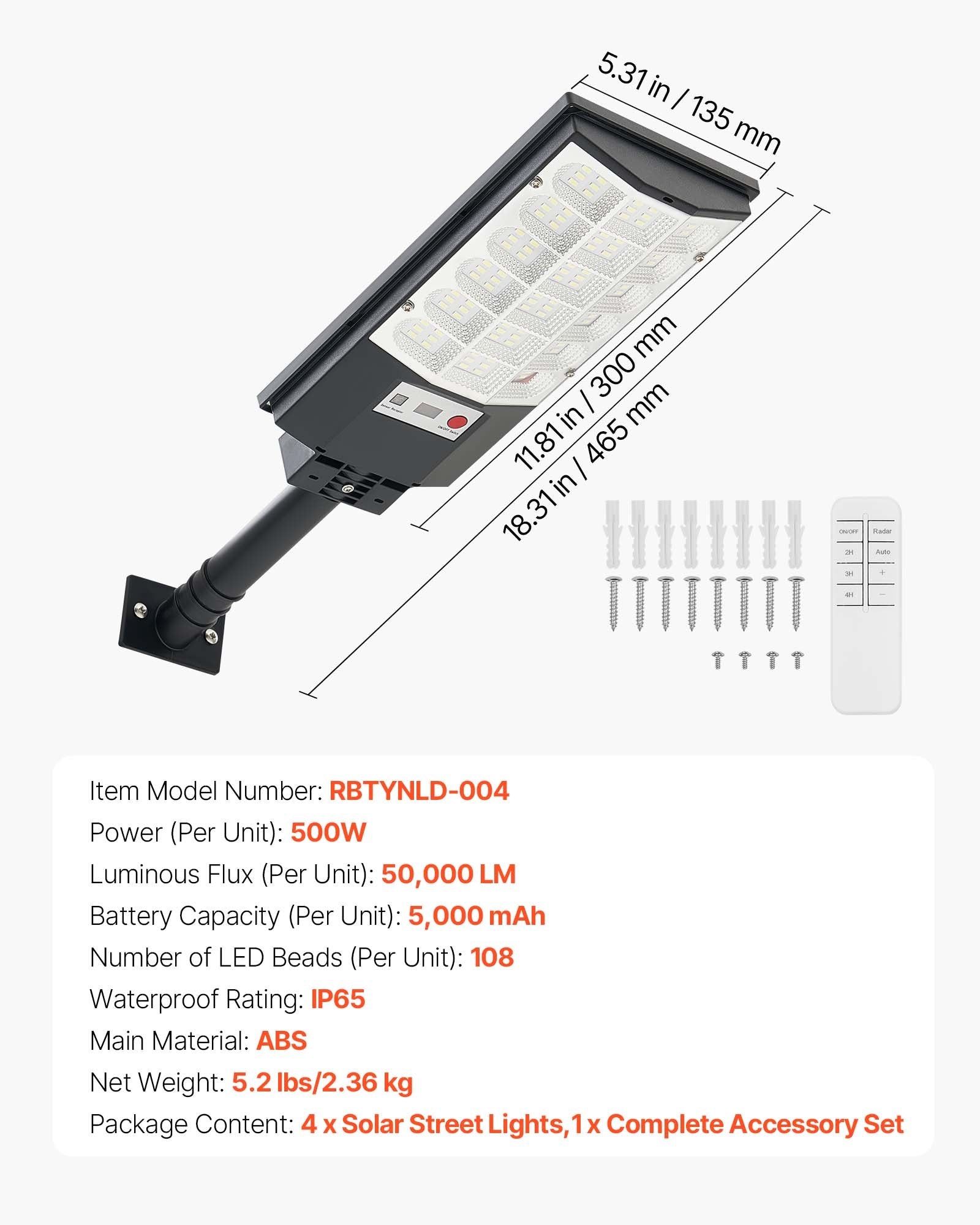Saulės energijos gatvės šviestuvai VEVOR RBTYNLD-004, 500 W, 4 vnt.