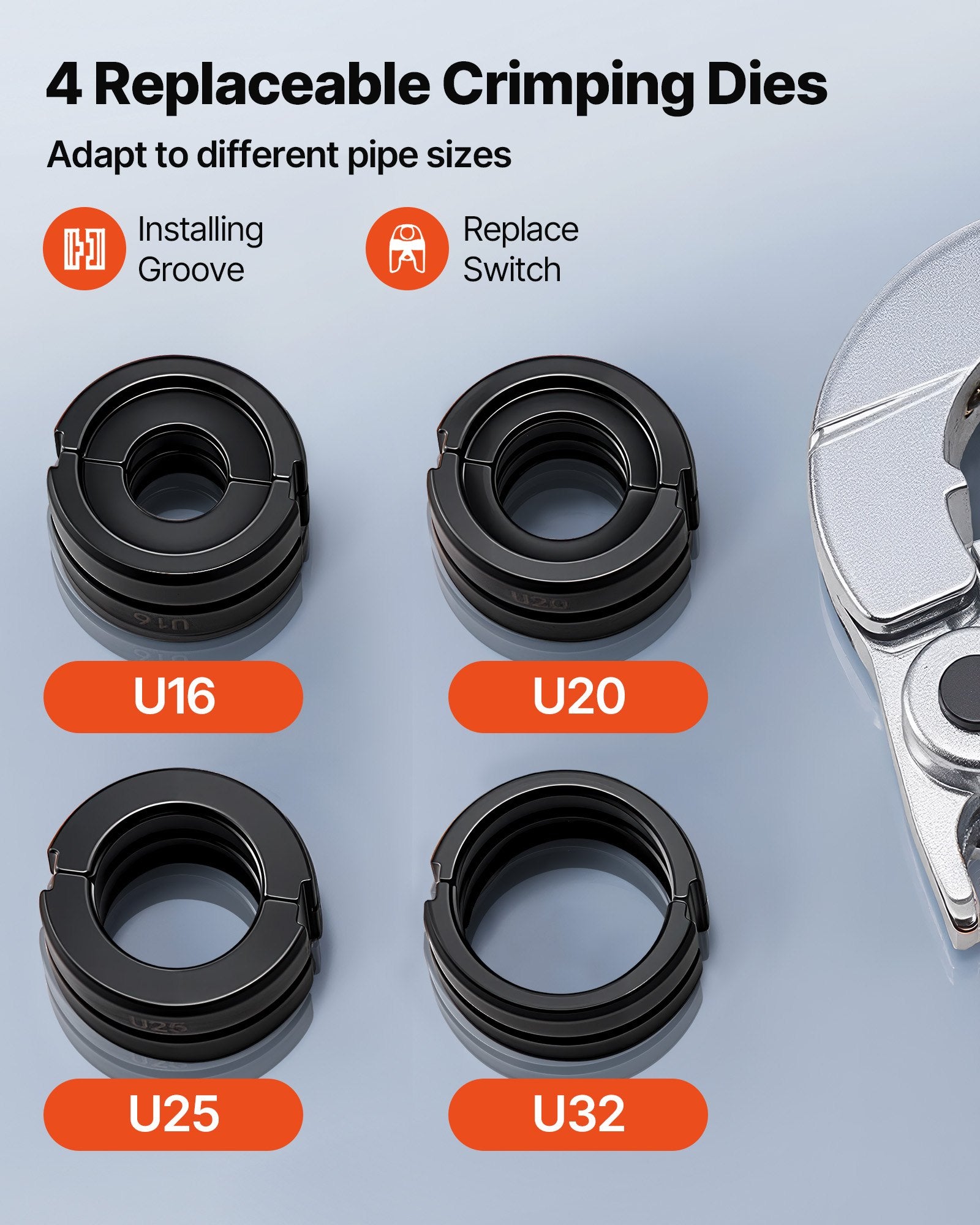 Hidraulinis vamzdžių presavimo įrankis VEVOR GC-1632, su U tipo antgaliais (16-32 mm)
