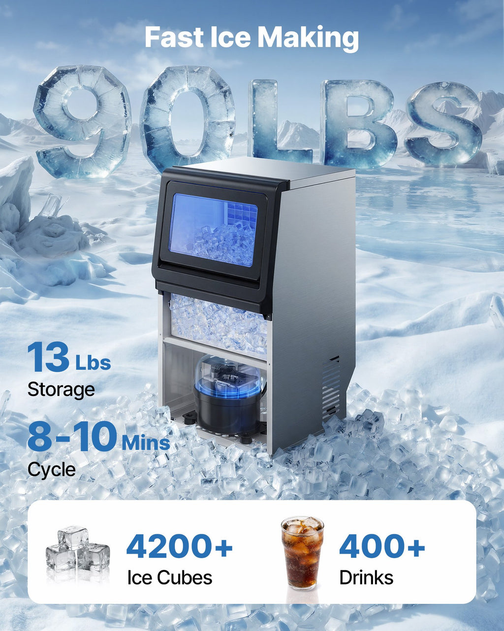 Komercinis ledo gaminimo aparatas VEVOR LB70TB-D, 41 kg/24h