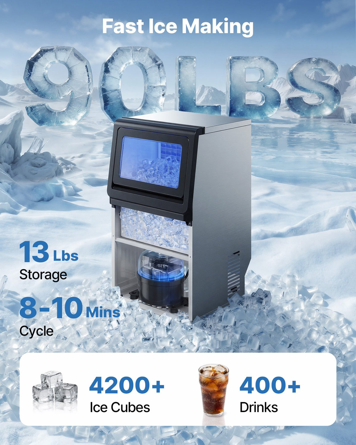 Komercinis ledo gaminimo aparatas VEVOR LB70TB-D, 41 kg/24h