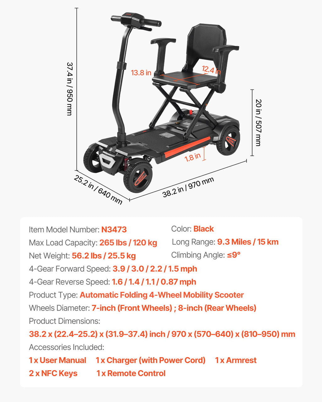 Elektrinis keturratis judėjimo skuteris VEVOR N3473, 120 kg apkrova