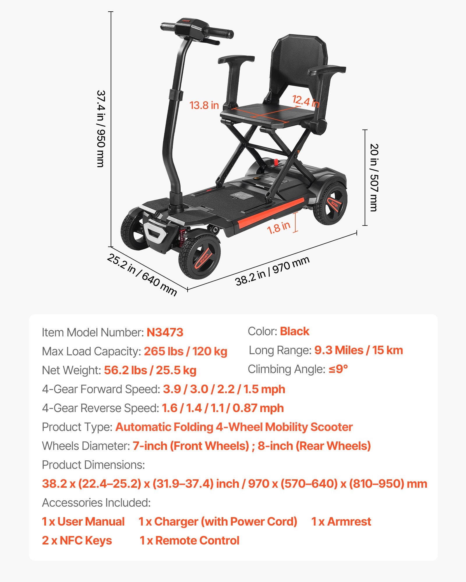 Elektrinis keturratis judėjimo skuteris VEVOR N3473, 120 kg apkrova