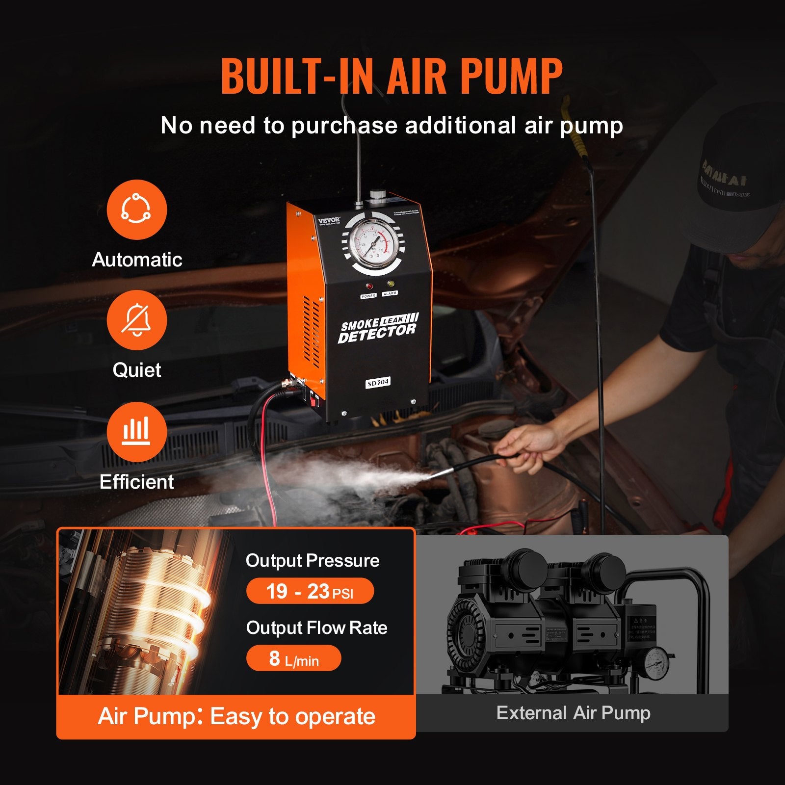 Automobilinis dūmų generatorius sandarumo testavimui VEVOR SD304, 19–23 PSI