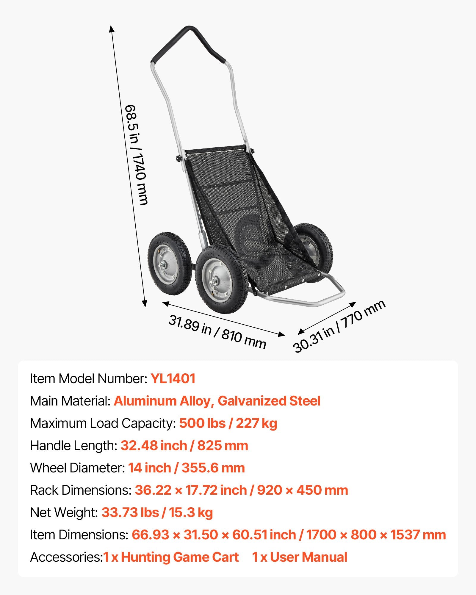 Medžioklinis vežimėlis laimikiui VEVOR YL1401, 227 kg keliamoji galia