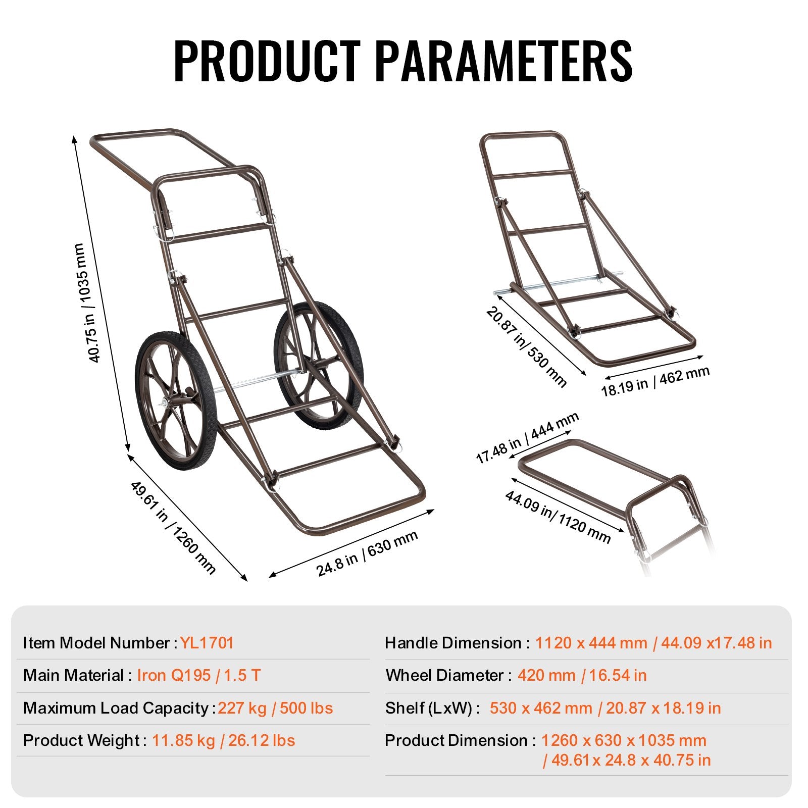 Vežimėlis laimikiui VEVOR YL1701, 227 kg keliamoji galia