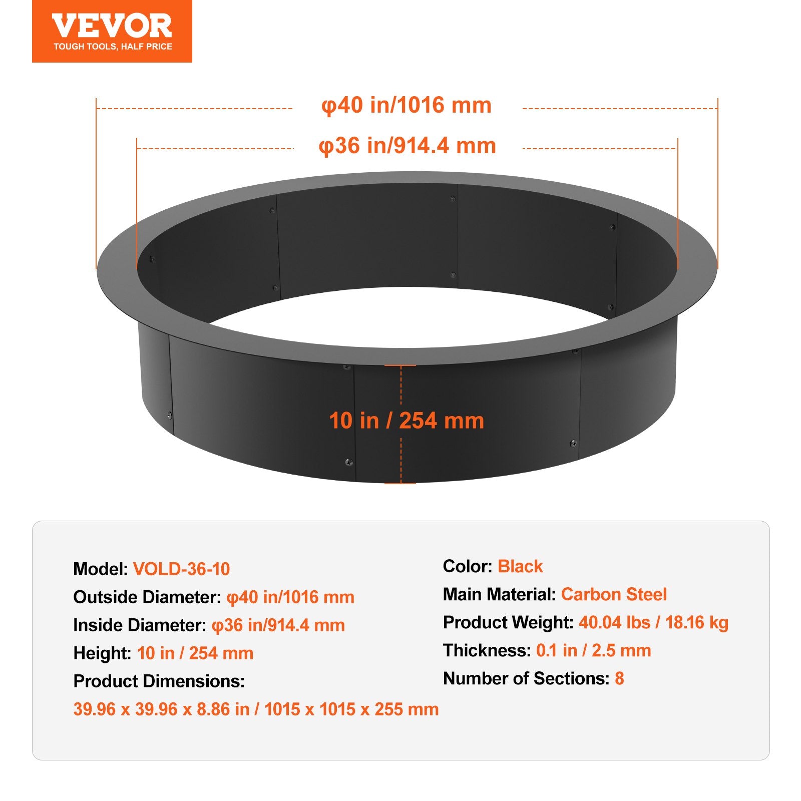 Laužavietės įdėklas VEVOR VOLD-36-10, 1016 mm skersmens