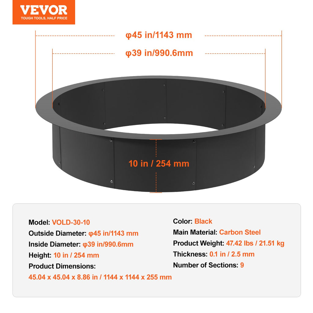 Laužavietės žiedas VEVOR VOLD-39-10-2.5, 114 cm