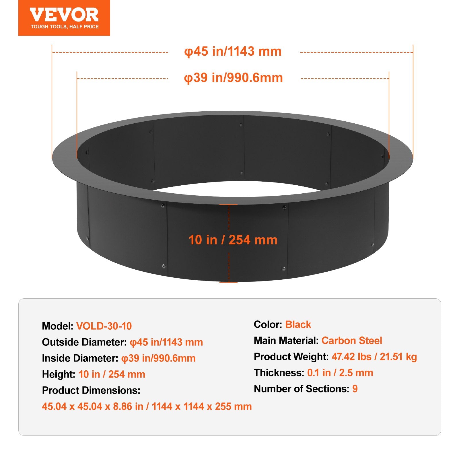 Laužavietės žiedas VEVOR VOLD-39-10-2.5, 114 cm