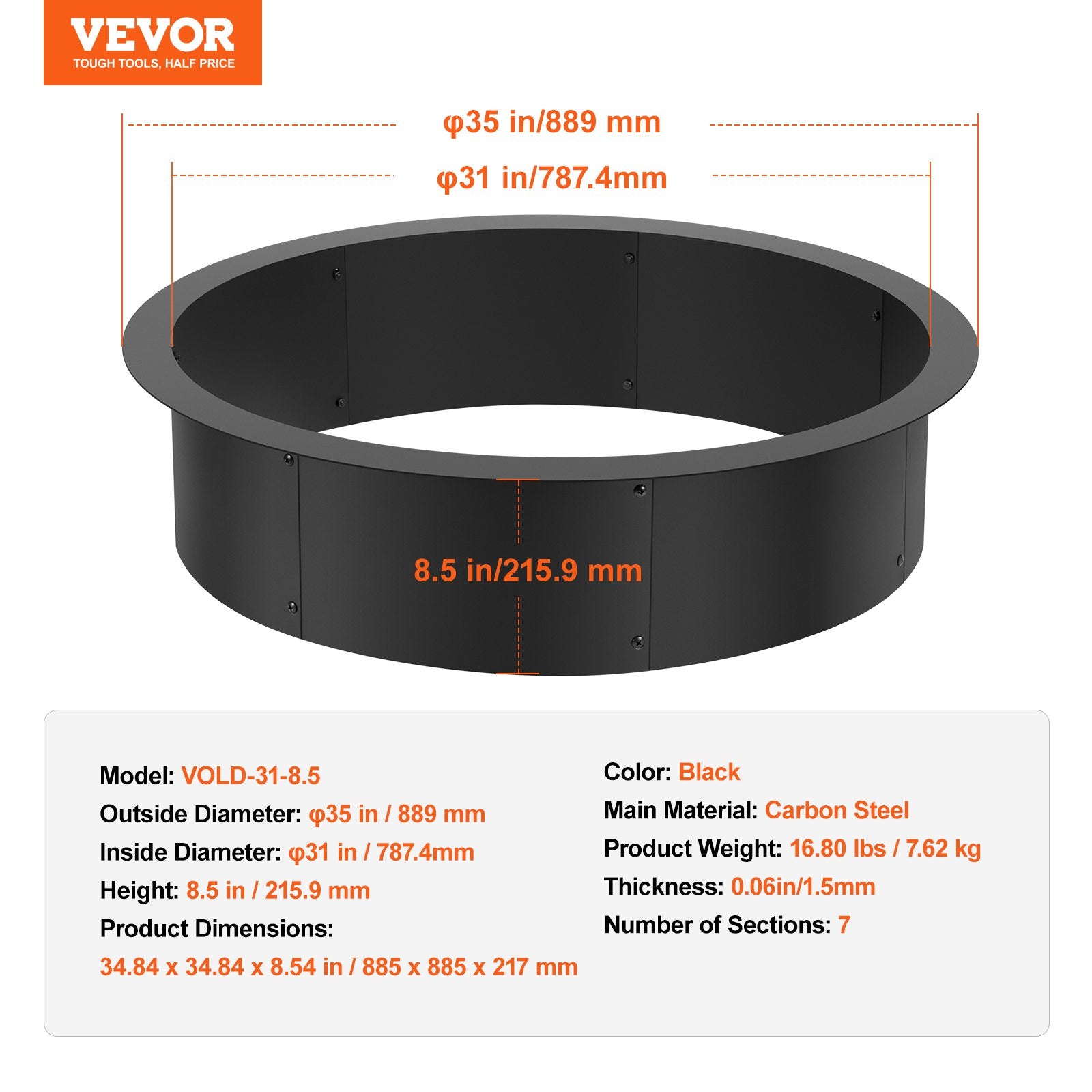 Laužavietės žiedas VEVOR VOLD-31-8.5, 89 cm išorinis skersmuo