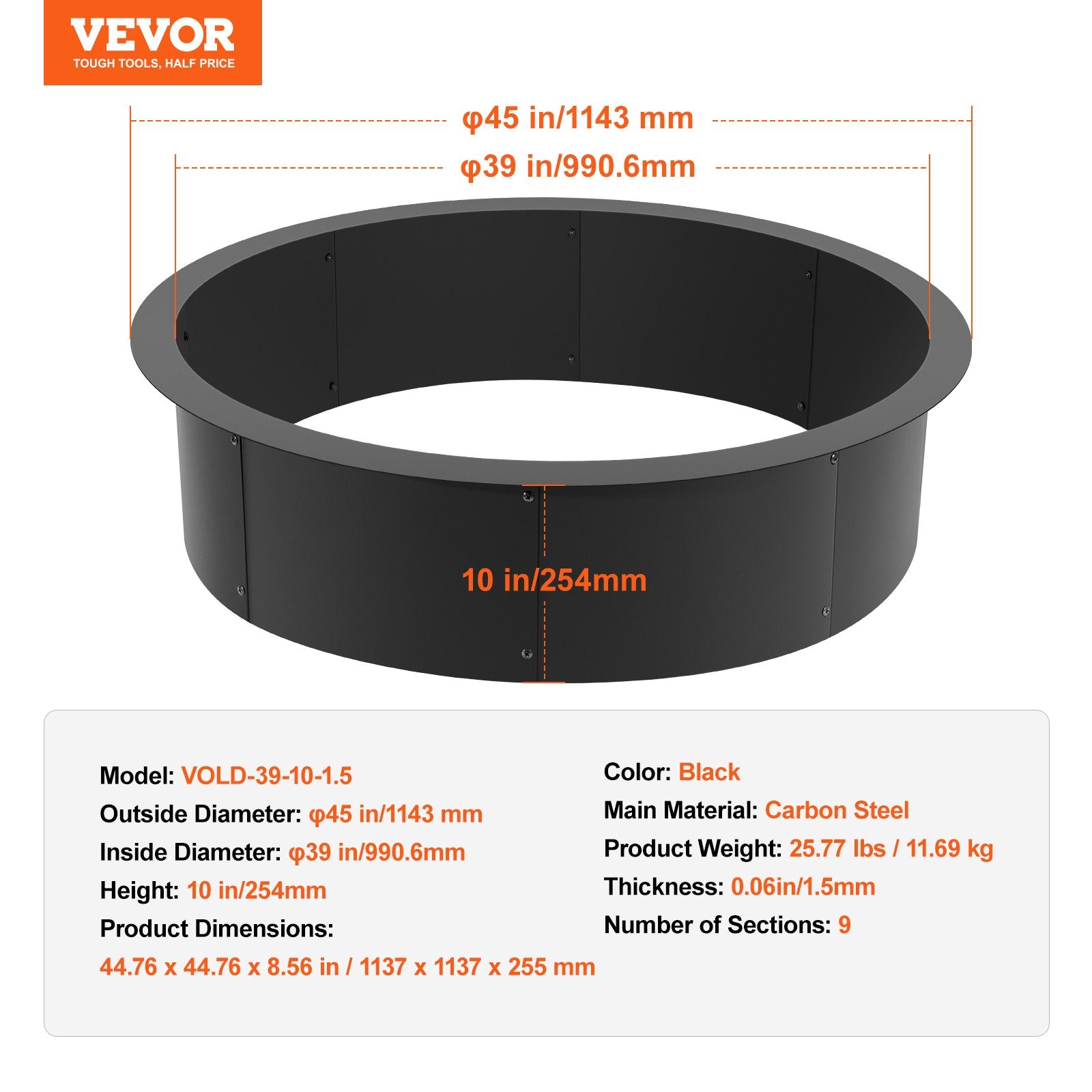 Laužavietės įdėklas VEVOR VOLD-39-10-1.5, 114 cm išorinio skersmens