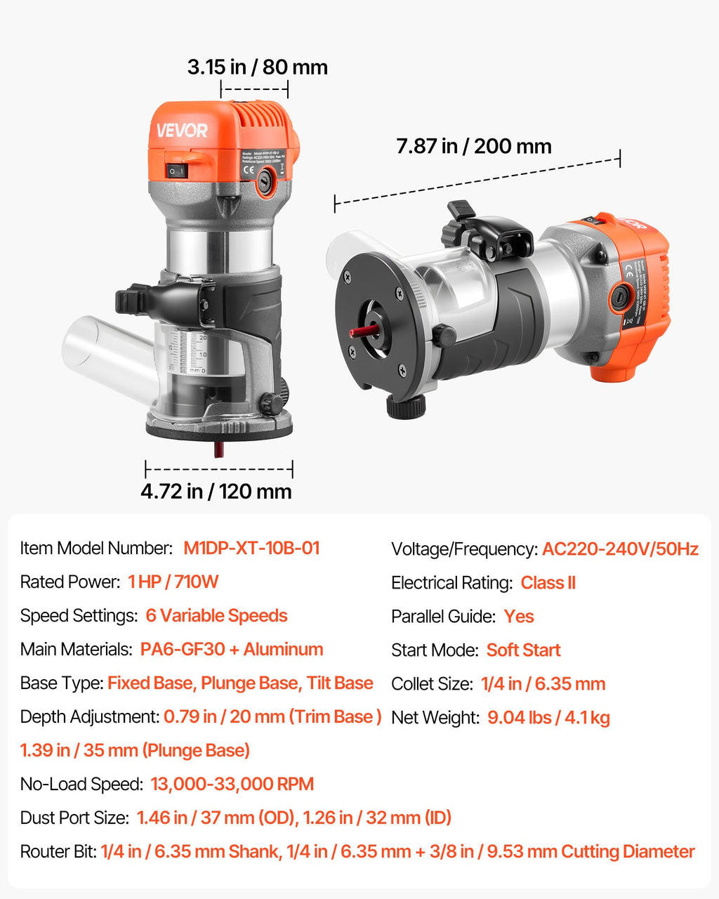 Elektrinis frezeris VEVOR M1DP-XT-10B-01, 710W