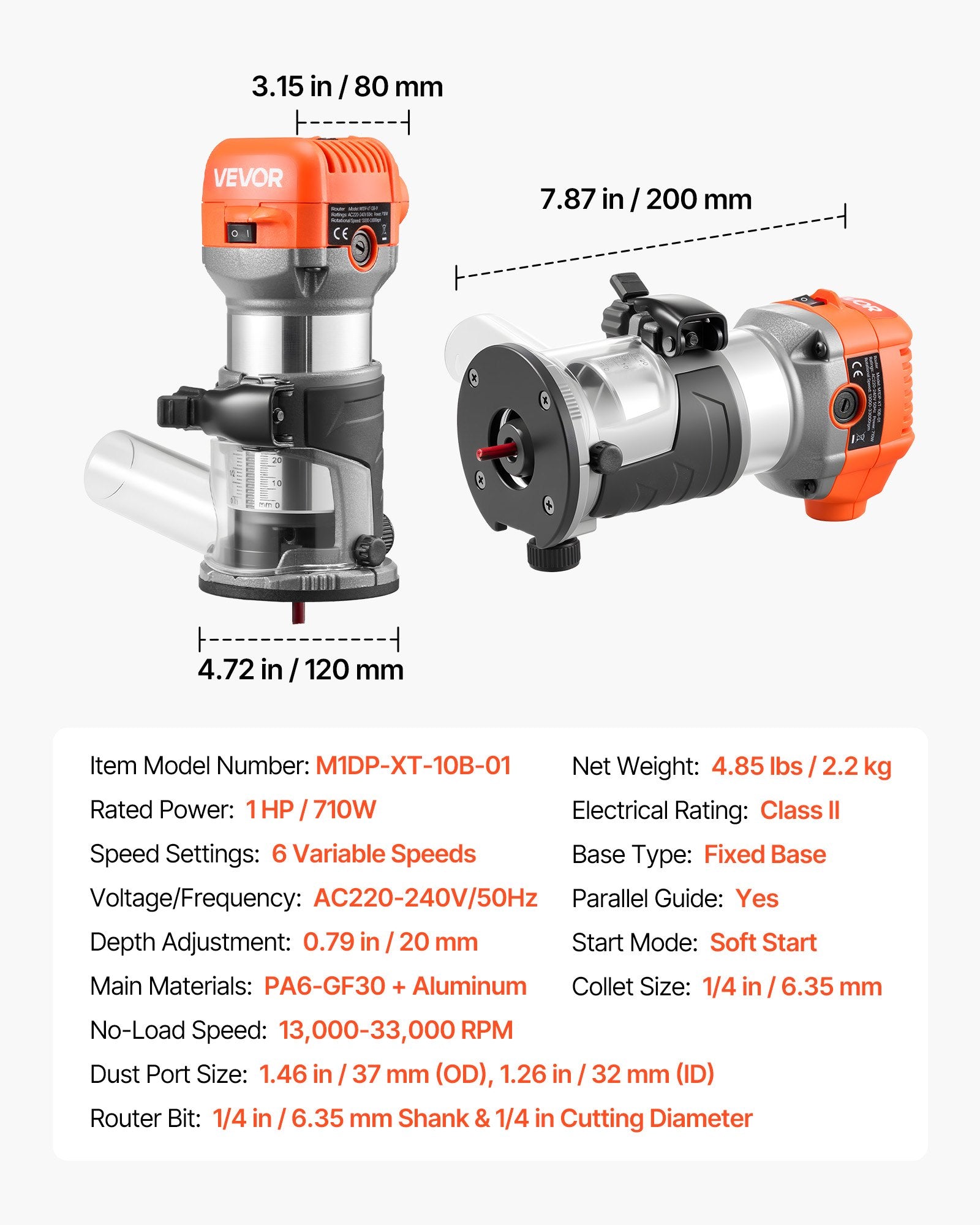 Rankinis medžio frezeris VEVOR M1DP-XT-10B-01, 710W