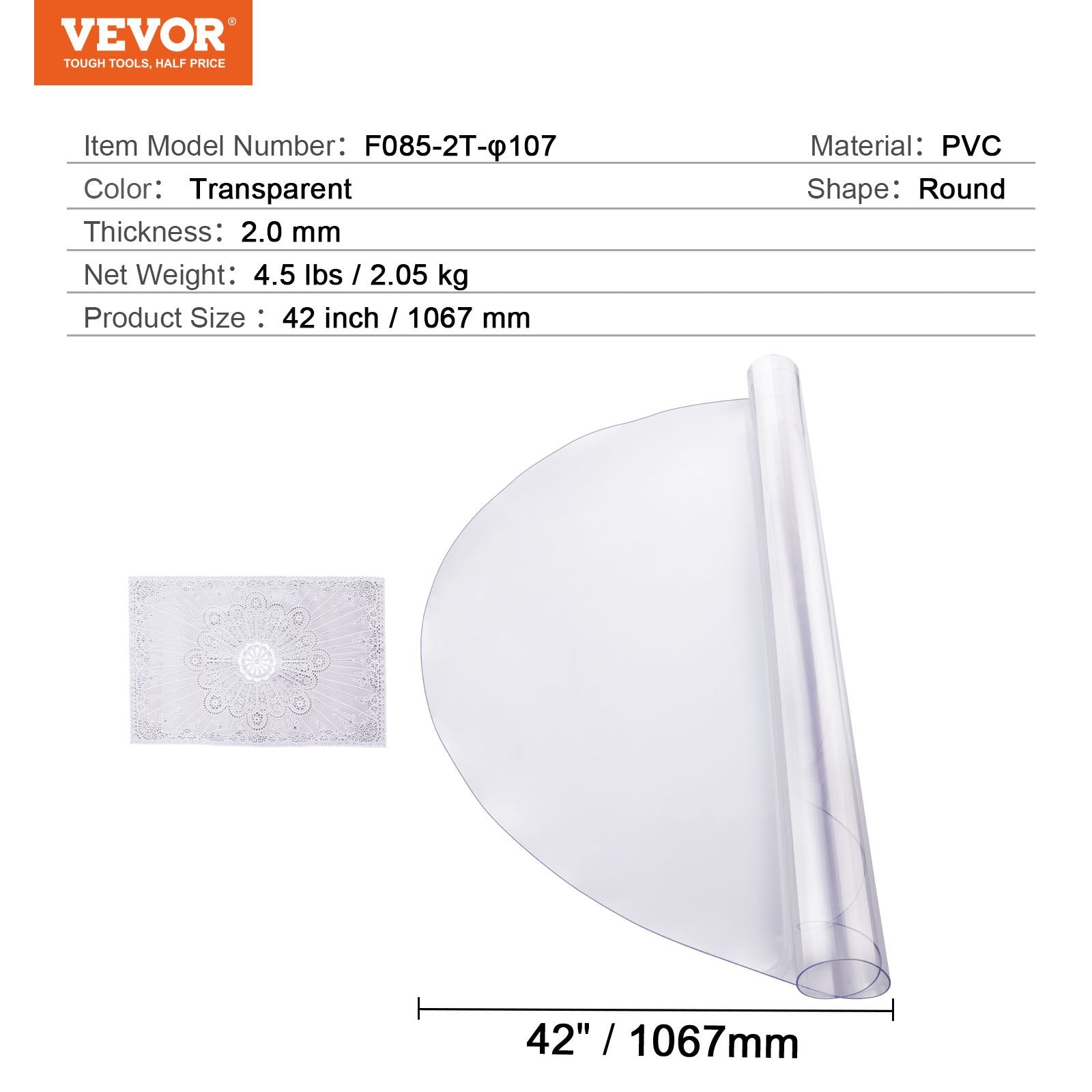 Plastikinė stalo apsauga VEVOR F085-2T-φ107, 107 cm skersmens, 2 mm storio