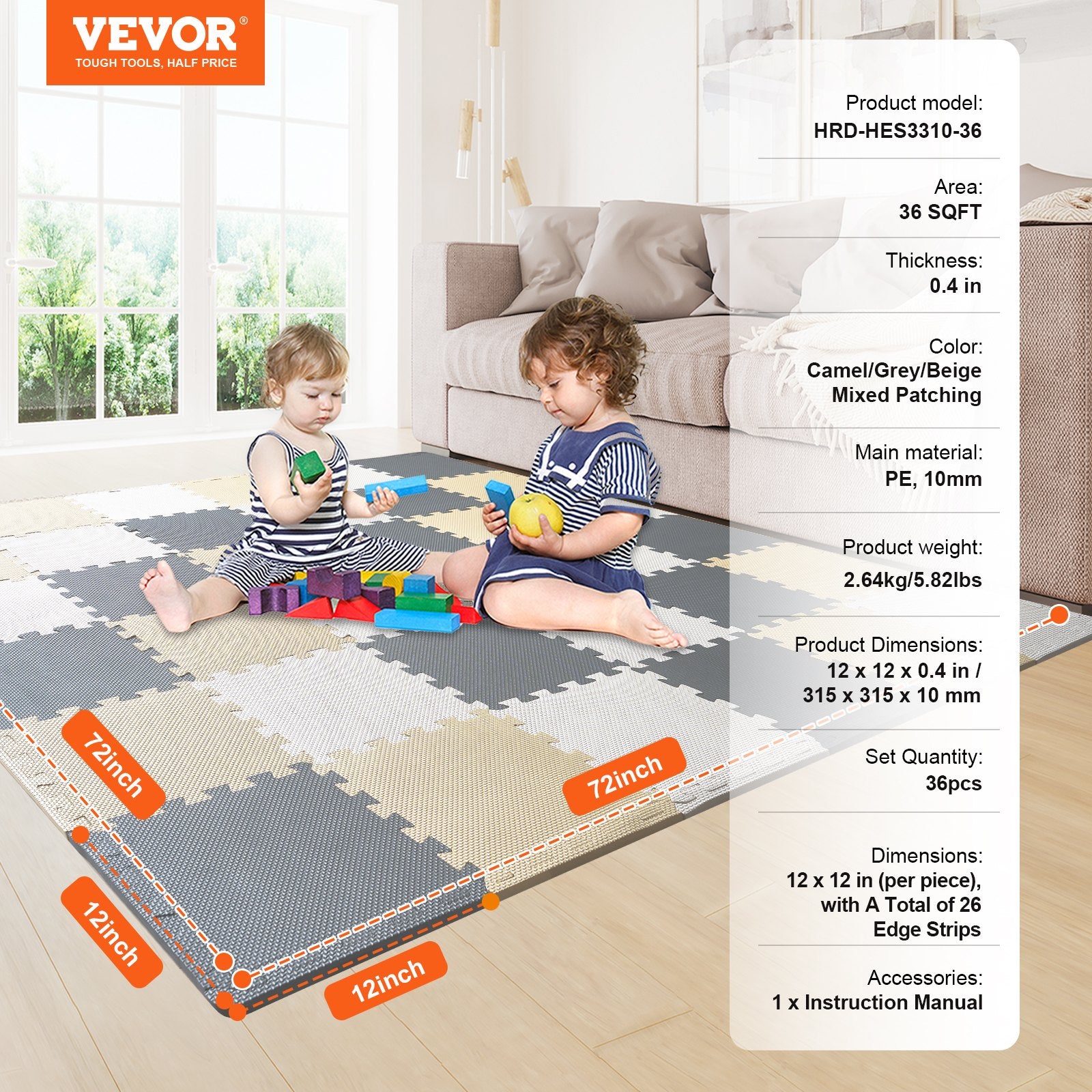 Žaidimų kilimėlis-dėlionė VEVOR HRD-HES3310-36, 36 dalys