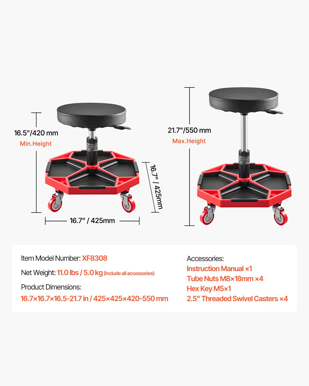Ratukinė mechaniko kėdė VEVOR XF8308, 136 kg keliamoji galia