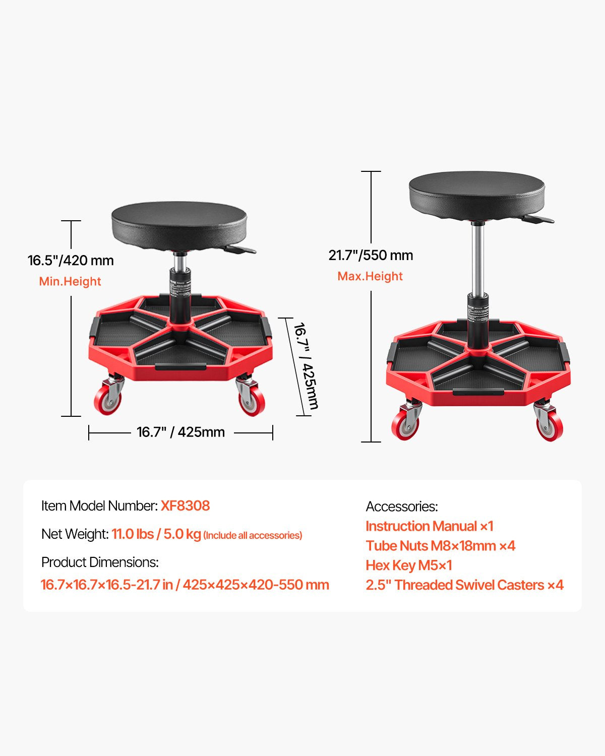Ratukinė mechaniko kėdė VEVOR XF8308, 136 kg keliamoji galia