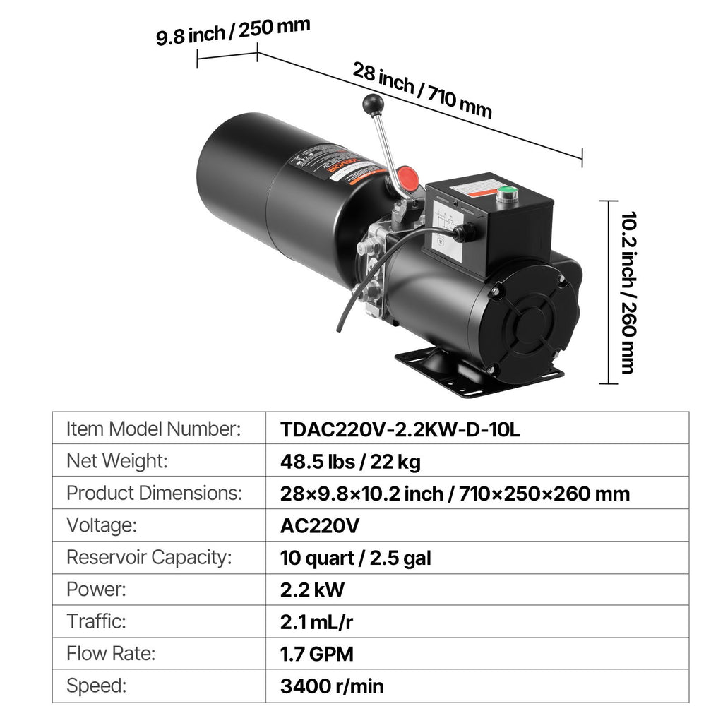 Hidraulinė stotelė VEVOR TDAC220V-2.2KW-D-10L, 2.2 kW