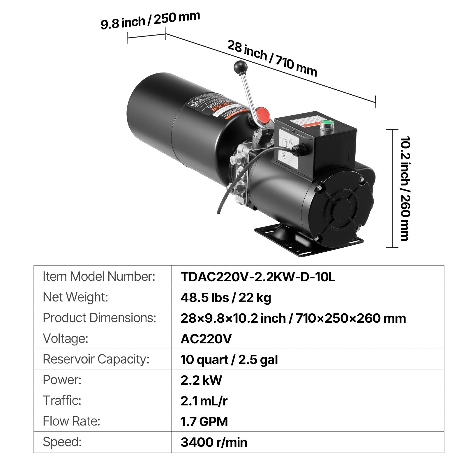Hidraulinė stotelė VEVOR TDAC220V-2.2KW-D-10L, 2.2 kW