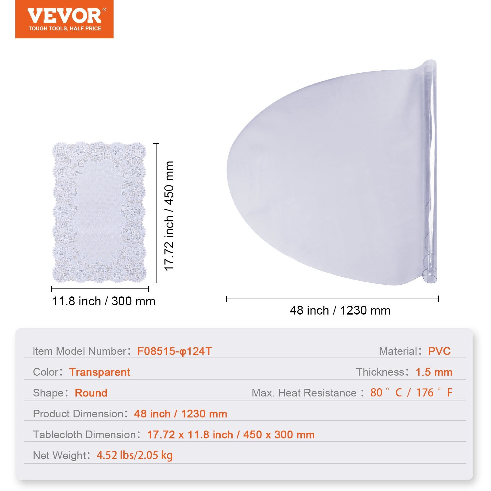 Skaidri stalo apsauga VEVOR F08515-φ124T, 123 cm skersmens