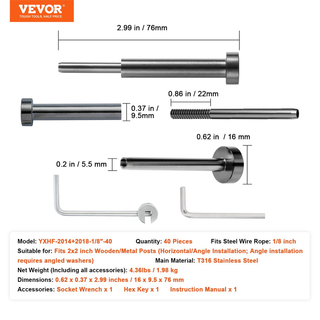 Nematomų trosų turėklų rinkinys VEVOR YXHF-2014+2018-1/8"-40, 40 vnt., 3,2 mm