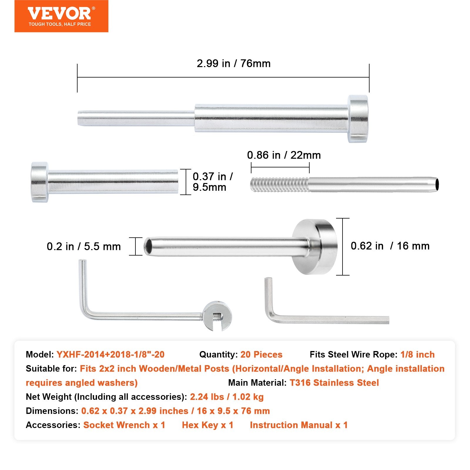 Nematomas trosų turėklų sistemos komplektas VEVOR YXHF-2014+2018-1/8"-20, 20 vnt., 3,2 mm