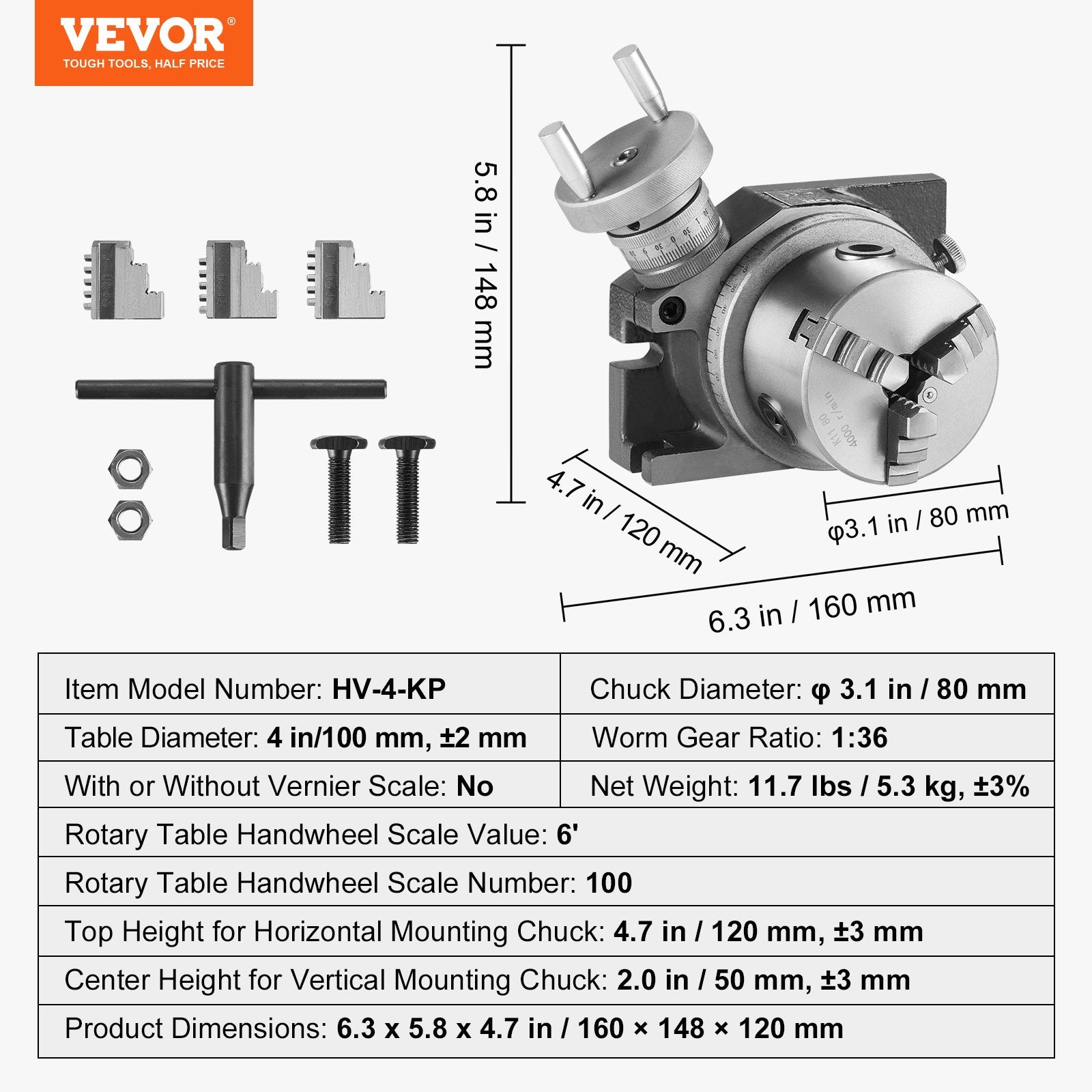 Sukamasis stalas frezavimo staklėms VEVOR HV-4-KP, 100 mm