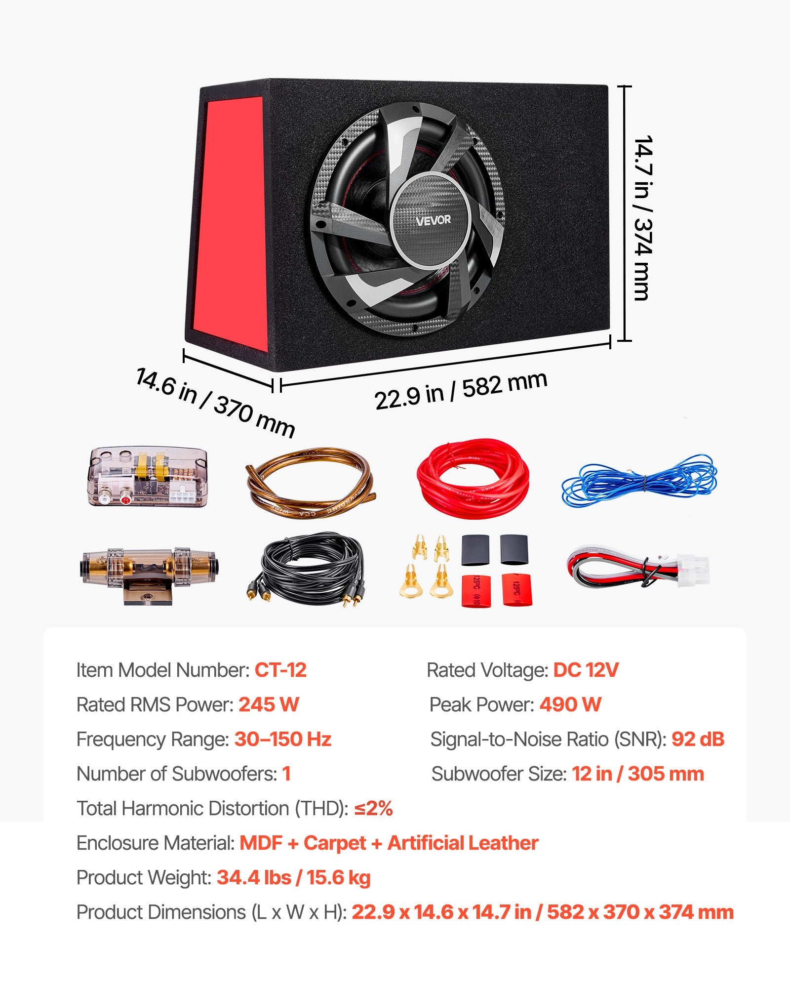 Žemų dažnių garsiakalbis VEVOR CT-12, 245W RMS